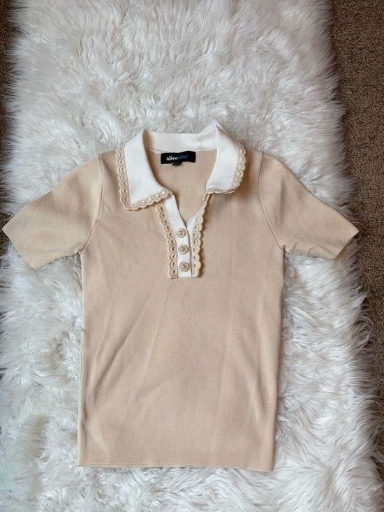 Alice Blue Tops - Cream Knit Polo Lace Trim Collar Button Front  Top